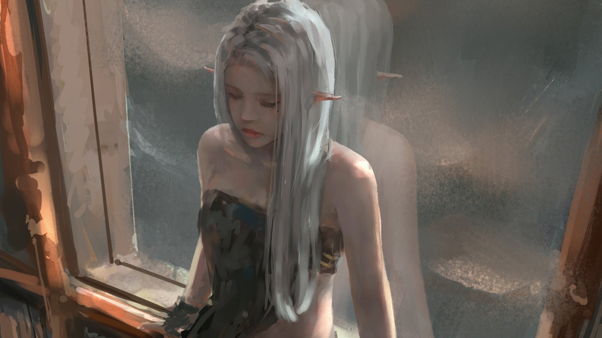 An ethereal character with long white hair stands by a window, capturing a moment of contemplation in this striking HD wallpaper inspired by GhostBlade.