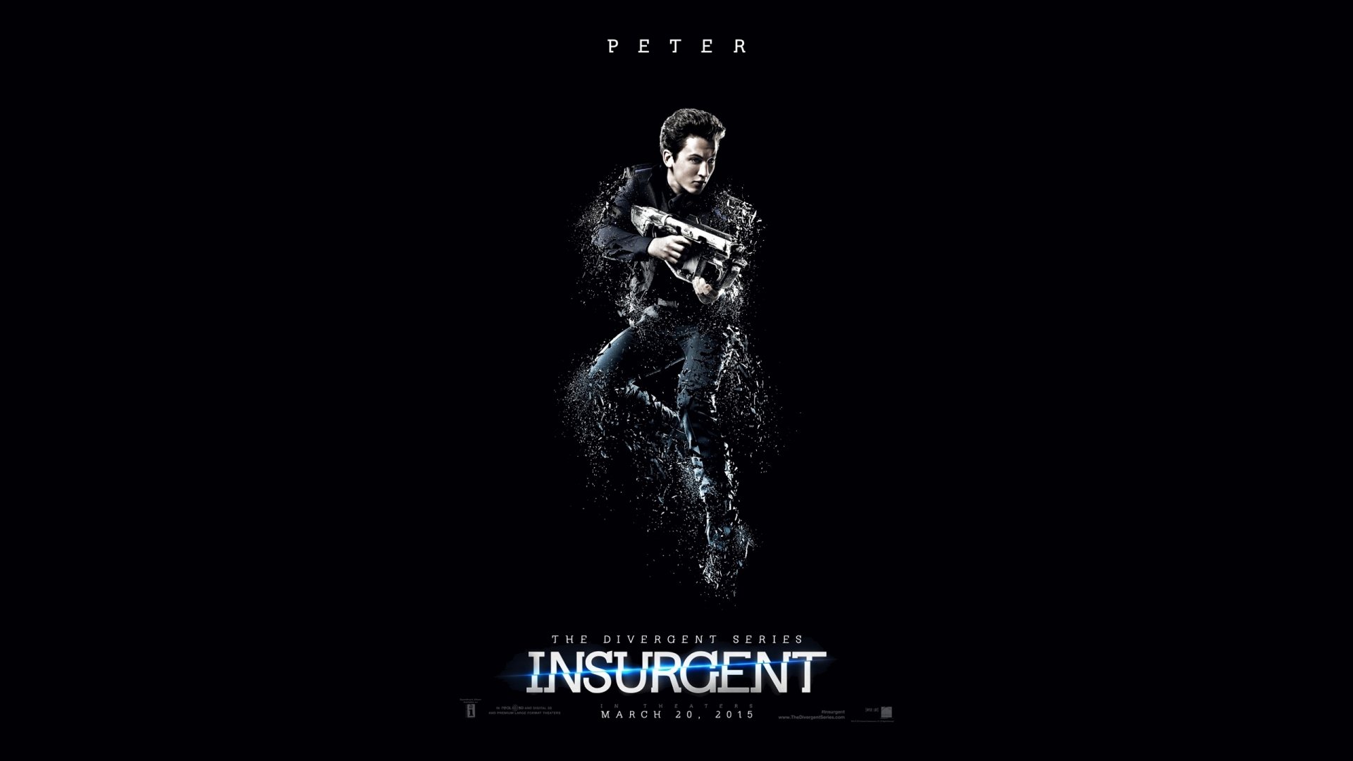 HD PC desktop wallpaper featuring a dynamic image from the movie Insurgent with the character Peter in an action pose against a dark background.