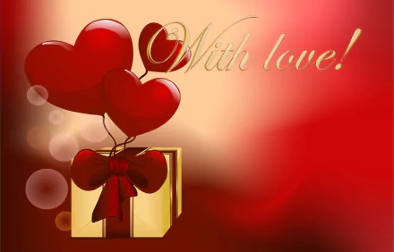 A vibrant, red-themed vector artwork featuring a golden gift box tied with a bow and floating red heart balloons, celebrating love and romance for Valentine's Day.
