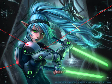 A fierce woman warrior with vibrant blue hair and glowing green swords stands ready for battle, set against a futuristic background in this HD fantasy wallpaper.