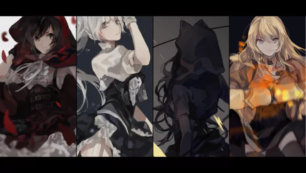 A high-definition desktop wallpaper featuring Ruby Rose, Weiss Schnee, Blake Belladonna, and Yang Xiao Long from the anime RWBY. The characters are artistically depicted in vibrant, detailed illustrations.