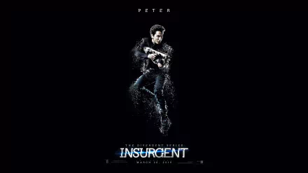 HD PC desktop wallpaper featuring a dynamic image from the movie Insurgent with the character Peter in an action pose against a dark background.