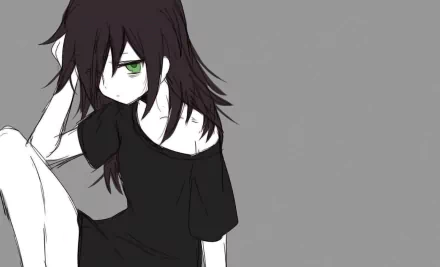 HD desktop wallpaper featuring Tomoko Kuroki from the anime Watamote, displaying her distinctive long dark hair and green eyes against a simple gray background.
