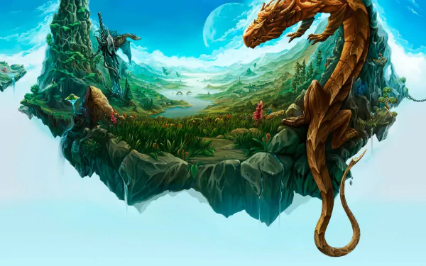 A vibrant HD PC desktop wallpaper featuring a floating fantasy island with lush landscapes and a majestic dragon coiled around its edge beneath a bright sky.