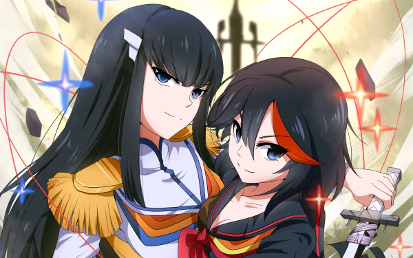 HD PC wallpaper featuring Ryūko Matoi and Satsuki Kiryūin from the anime Kill La Kill with dynamic poses and vibrant colors.