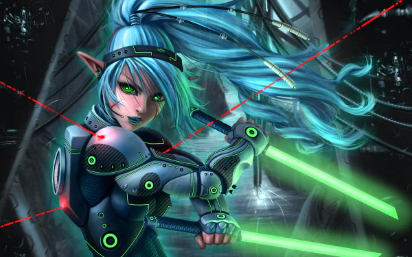 A fierce woman warrior with vibrant blue hair and glowing green swords stands ready for battle, set against a futuristic background in this HD fantasy wallpaper.