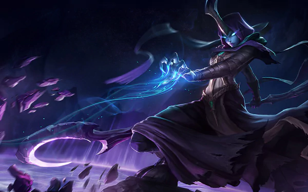 A dark and mystical Halloween-themed desktop wallpaper featuring Soraka from League of Legends, exuding a magical aura with swirling blue energy and a dramatic landscape.