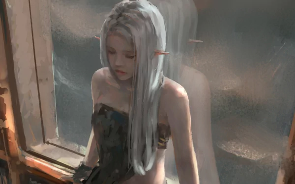 An ethereal character with long white hair stands by a window, capturing a moment of contemplation in this striking HD wallpaper inspired by GhostBlade.