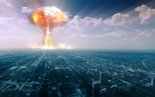 A dramatic nuclear explosion towers over a sci-fi city, engulfing the skyline in an apocalyptic scene. This HD image captures a haunting vision of destruction and chaos.