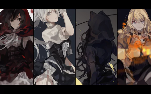 A high-definition desktop wallpaper featuring Ruby Rose, Weiss Schnee, Blake Belladonna, and Yang Xiao Long from the anime RWBY. The characters are artistically depicted in vibrant, detailed illustrations.