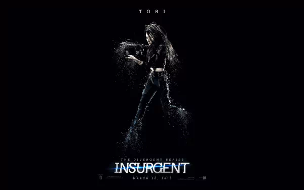 HD PC desktop wallpaper featuring a dark, intense image from the movie Insurgent, highlighting a central character with a dramatic, action-packed atmosphere.