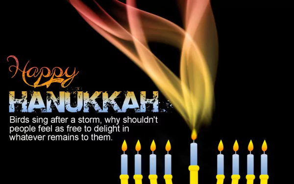 HD PC desktop wallpaper featuring a Hanukkah menorah with glowing candles and the text Happy Hanukkah alongside an inspiring holiday quote.