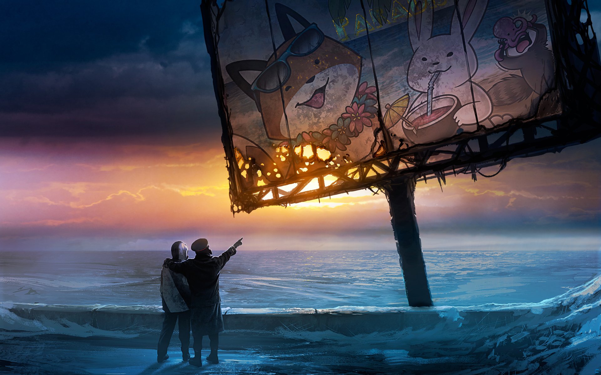 HD PC desktop wallpaper featuring a Comic Romantically Apocalyptic scene with two figures watching a large, worn billboard displaying stylized animal characters at sunset by the sea.