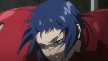 HD desktop wallpaper featuring a character from Ghost in the Shell Arise, with intense gaze and blue hair.