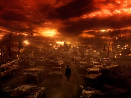 A haunting HD wallpaper featuring John Constantine walking through a deserted cityscape engulfed in flames and darkness, capturing the intense atmosphere of the movie Constantine.