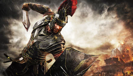 A dynamic HD wallpaper featuring Marius Titus from the video game Ryse: Son of Rome, showcasing a battle-ready Roman soldier against a dramatic, fiery backdrop.