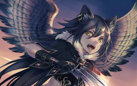 A fierce character with animal ears and majestic wings, wielding a sword, set against a vibrant sky. This HD wallpaper embodies the spirit of Valhalla Gate of Kamigoku.