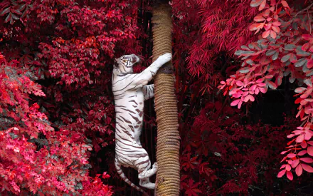 HD desktop wallpaper of a white tiger climbing a rope amidst vibrant red foliage.