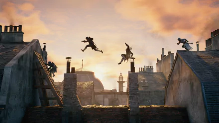 A dynamic HD wallpaper from Assassin's Creed: Unity, featuring characters leaping across rooftops against a vibrant sunset sky.