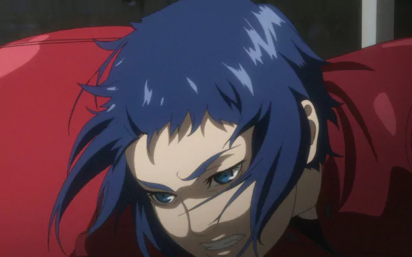 HD desktop wallpaper featuring a character from Ghost in the Shell Arise, with intense gaze and blue hair.