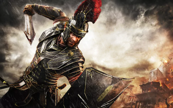 A dynamic HD wallpaper featuring Marius Titus from the video game Ryse: Son of Rome, showcasing a battle-ready Roman soldier against a dramatic, fiery backdrop.