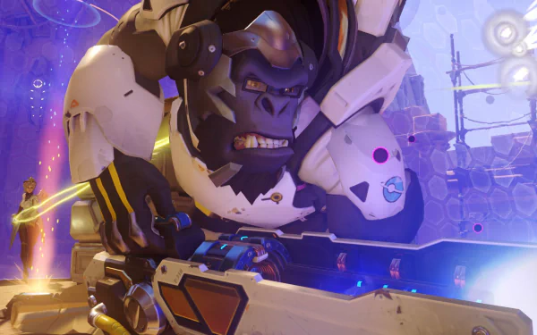 HD PC desktop wallpaper/background from the Overwatch video game: Winston (Overwatch) towers over Mercy (Overwatch) in a vibrant sci‑fi arena.