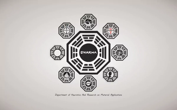 A stylized HD wallpaper featuring the Dharma Initiative symbol from the TV show *Lost*, with various associated symbols arranged around a central logo on a light background.