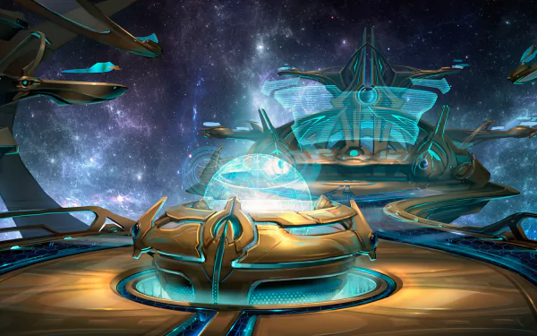 Starcraft video game HD PC desktop wallpaper/background: StarCraft II: Legacy of the Void - luminous Protoss platform and ships over a starfield in golden-blue sci-fi art.