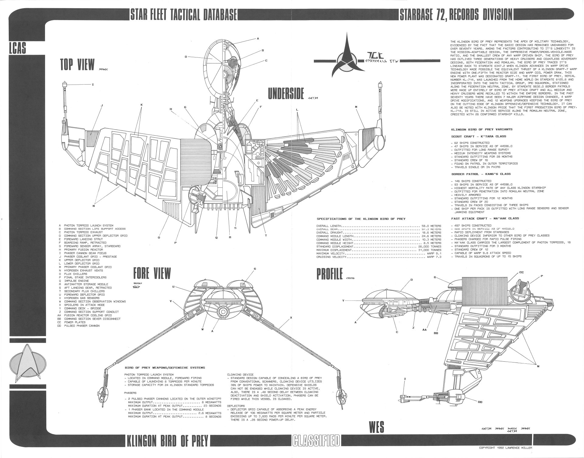 Sci‑Fi Star Trek blueprint-style 5K Ultra HD PC desktop wallpaper: detailed technical schematic of a winged starship with top, fore and profile views, labels and engineering notes.