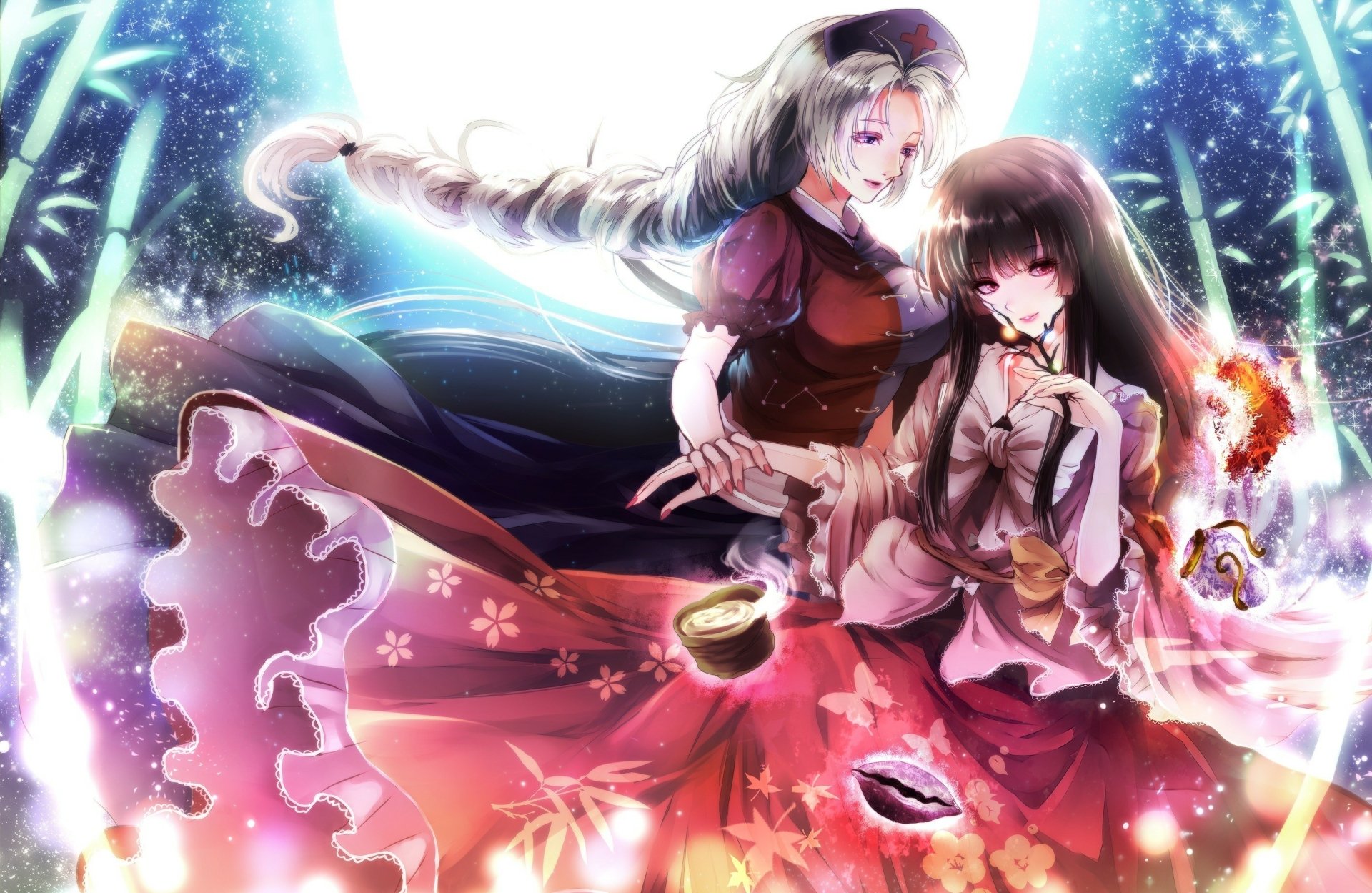 Touhou anime 2K Quad HD PC desktop wallpaper: Kaguya Houraisan and Eirin Yagokoro in flowing dresses, glowing magic and a moonlit bamboo-night backdrop.