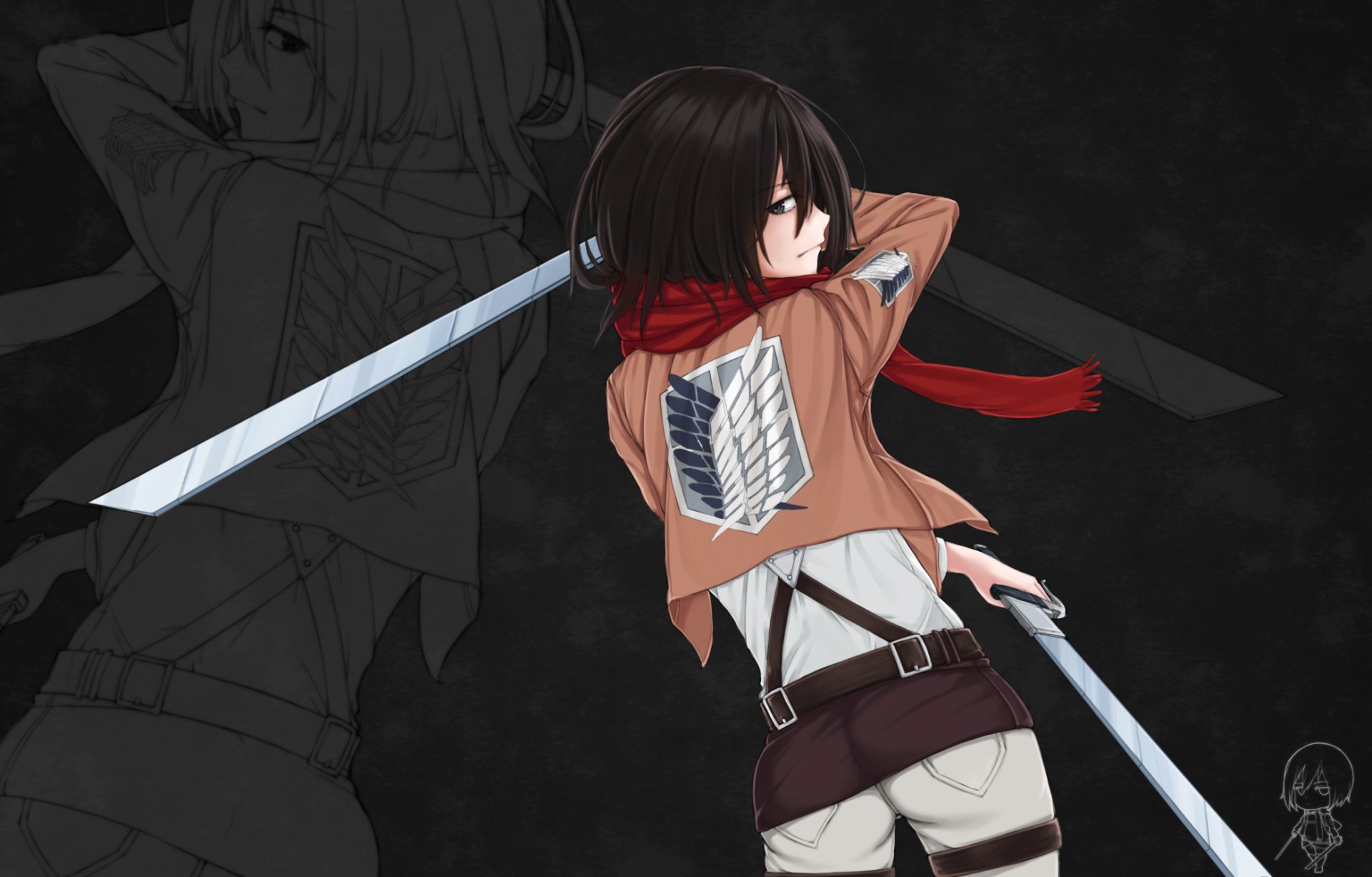 Mikasa Ackerman from Attack on Titan stands confidently with swords drawn, set against a dark background. This high-definition wallpaper captures her fierce spirit and determination.