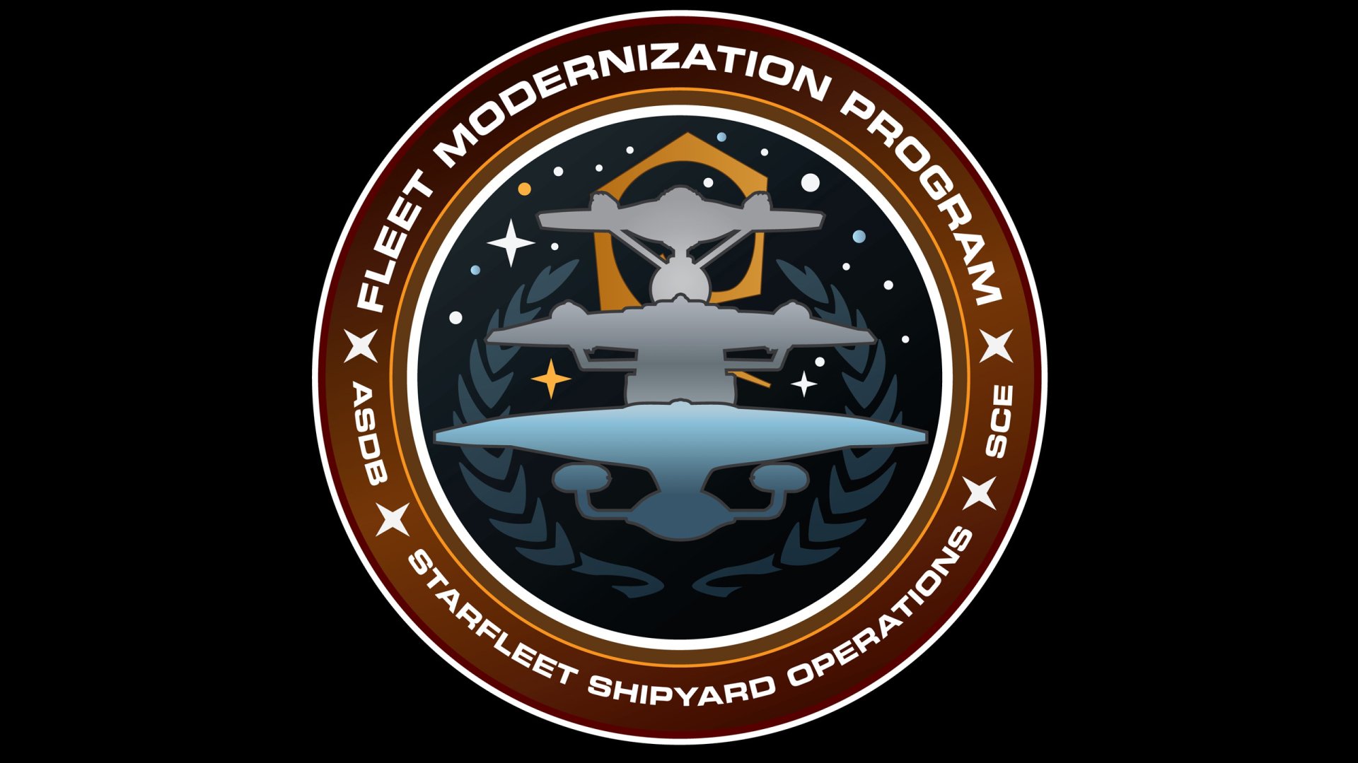 HD sci-fi Star Trek desktop wallpaper featuring a circular Fleet Modernization Program emblem with Starfleet ship silhouettes, stars, an orbiting ring, and Starfleet Shipyard Operations text.