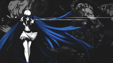 A striking HD wallpaper featuring Esdeath from Akame Ga Kill! wielding a sword, with dynamic blue hair flowing against a dark, dramatic background.