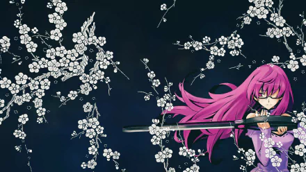 HD desktop wallpaper featuring Sheele from Akame Ga Kill! against a dark background adorned with white cherry blossoms.