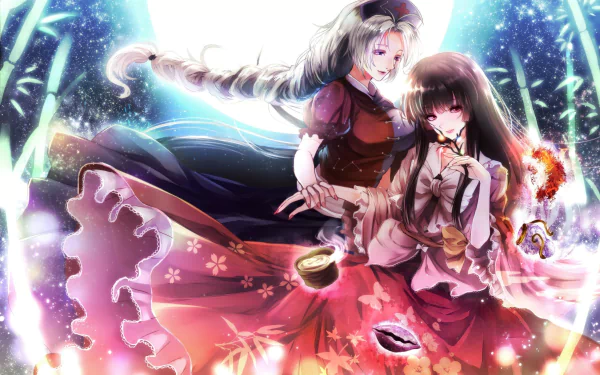 Touhou anime 2K Quad HD PC desktop wallpaper: Kaguya Houraisan and Eirin Yagokoro in flowing dresses, glowing magic and a moonlit bamboo-night backdrop.
