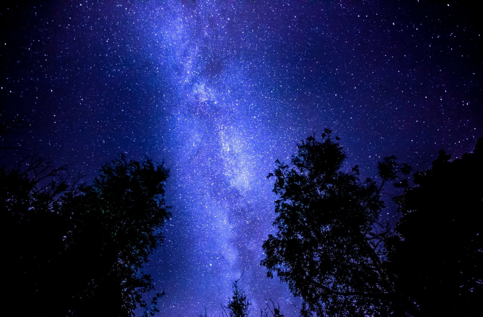 HD PC desktop wallpaper: Sci Fi blue Milky Way streaking across a star-filled sky above silhouetted trees, cosmic depth and glow.