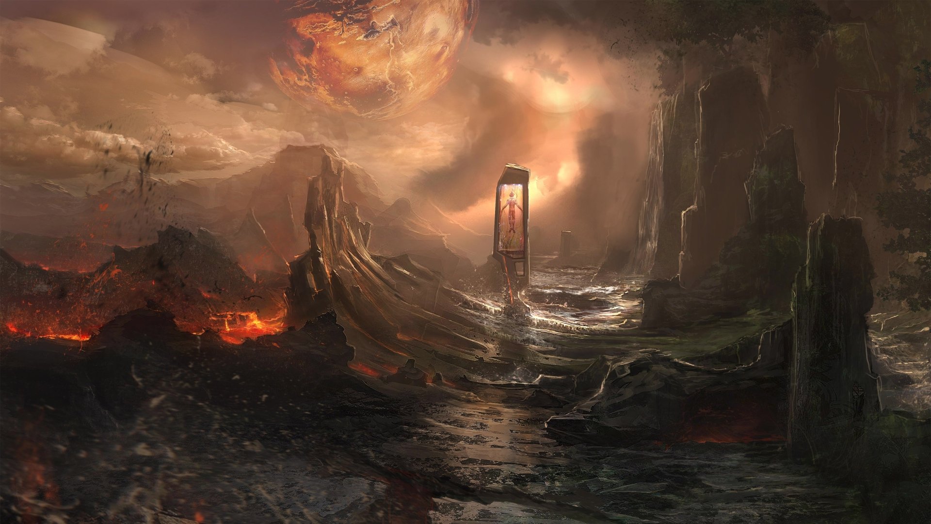 HD desktop wallpaper featuring a dramatic fantasy landscape with a fiery river, mysterious monolith, and swirling clouds set against a brooding sky.