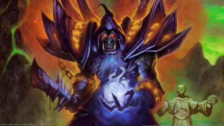 HD PC desktop wallpaper featuring Gul'dan from World of Warcraft and Hearthstone: Heroes of Warcraft, showcasing dark magic and fiery green background elements.