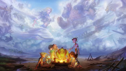 A vibrant HD wallpaper from *Hearthstone: Heroes of Warcraft*, featuring diverse characters gathered around a glowing fire under a dynamic, mystical sky.