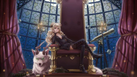 A captivating scene from the video game Eternal Poison, featuring a creature and a woman sitting regally on a throne, with a telescope and ornate windows in the background.