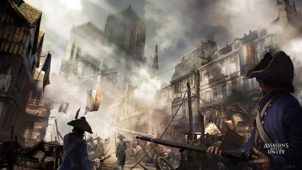 A vivid HD wallpaper from Assassin's Creed: Unity, showcasing soldiers in blue uniforms amidst a smoky, chaotic Parisian street, with iconic buildings in the background.