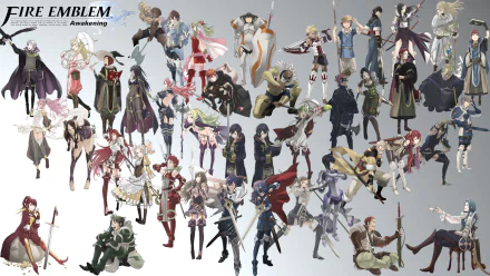 HD desktop wallpaper featuring various characters from Fire Emblem Awakening arrayed against a light background.