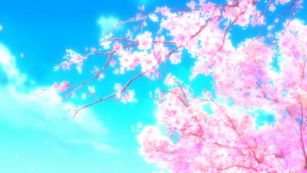 HD desktop wallpaper featuring anime-styled cherry blossom (sakura) branches against a vibrant blue sky, inspired by Hyouka.