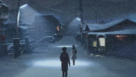 A serene winter night scene from 5 Centimeters per Second, featuring Akari Shinohara and Takaki Touno walking through a snow-covered street illuminated by streetlights.
