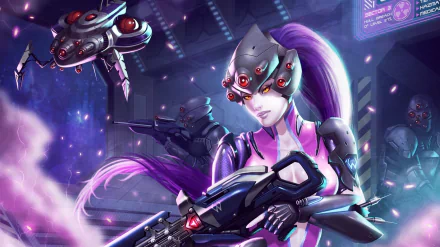 A high-definition desktop wallpaper featuring Widowmaker from Overwatch, a video game character with purple hair and yellow eyes, holding a weapon amidst a futuristic backdrop with other armed figures.