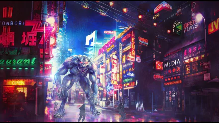 A dark, atmospheric HD PC desktop wallpaper featuring a werewolf looming in a neon-lit urban setting, capturing an intriguing blend of fantasy and nightlife.