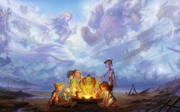A vibrant HD wallpaper from *Hearthstone: Heroes of Warcraft*, featuring diverse characters gathered around a glowing fire under a dynamic, mystical sky.