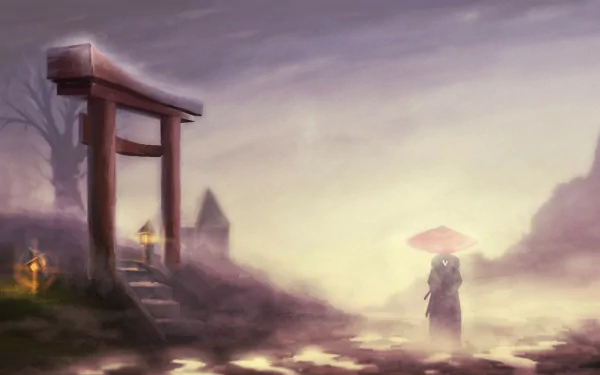 A serene HD wallpaper featuring a samurai with an umbrella standing near a torii gate, evoking the atmospheric style of Samurai Champloo. Mist and soft lighting enhance the scene's tranquility.