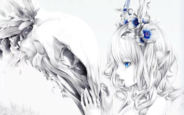 Anime buono satochi 2K Quad HD PC desktop wallpaper: pale white-haired girl with blue eyes and floral horns touching a hooded skeletal figure, monochrome with blue accents.