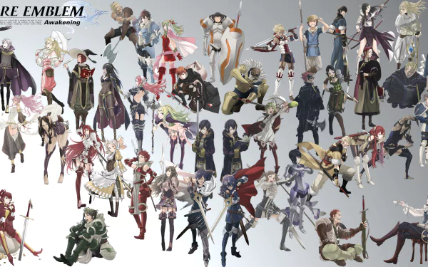 HD desktop wallpaper featuring various characters from Fire Emblem Awakening arrayed against a light background.